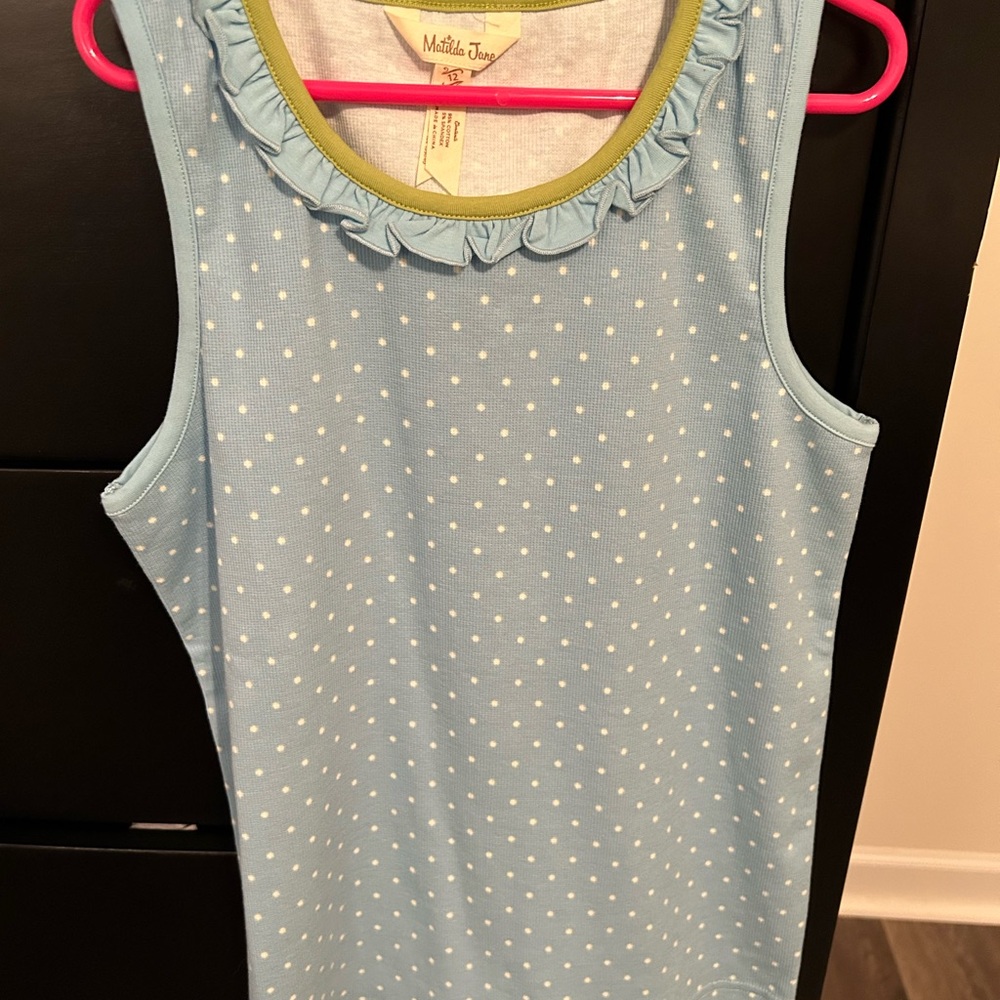 Matilda Jane Light Blue Top with White Dots and Green Trim NWOT